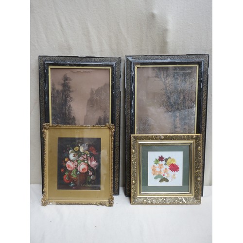 196 - Three various framed prints plus framed embroidery