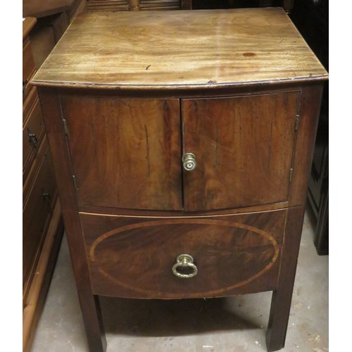 93 - 19th century inlaid and bow fronted two door, single drawer side cabinet. Approx. 79cm H x 54cm W x ... 