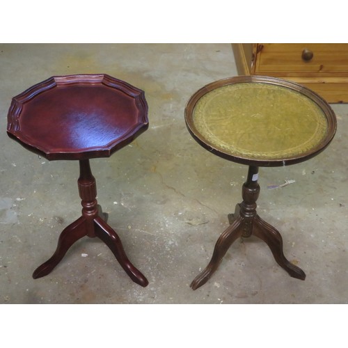 94 - 20th century mahogany tripod wine table with leather effect top, plus another 20th century mahogany ... 