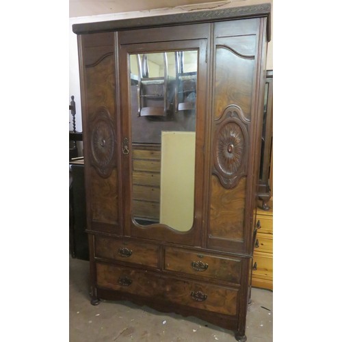 108 - Early 20th century carved fronted mahogany single door mirrored wardrobe, fitted with three drawers ... 
