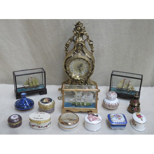 112 - Mixed lot of sundries including gilt mantle clock, three small glazed galleon models, plus various t... 