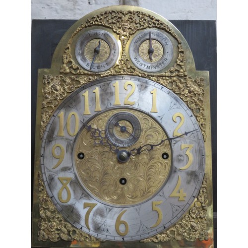 66 - Mahogany cased longcase clock, with ornately ormolu mounted brass dial, silvered numeral chapter rin... 