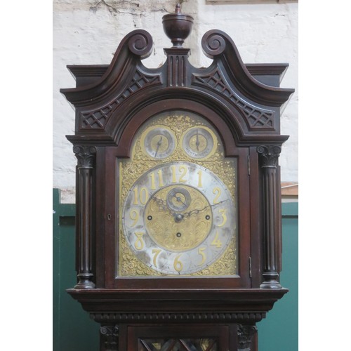 66 - Mahogany cased longcase clock, with ornately ormolu mounted brass dial, silvered numeral chapter rin... 