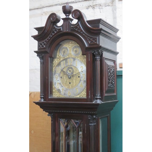 66 - Mahogany cased longcase clock, with ornately ormolu mounted brass dial, silvered numeral chapter rin... 