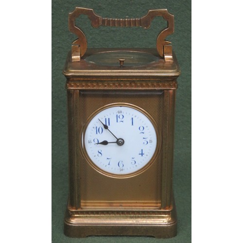 18 - 19th century French brass carriage clock, with circular handpainted and enamelled dial, and repeater... 