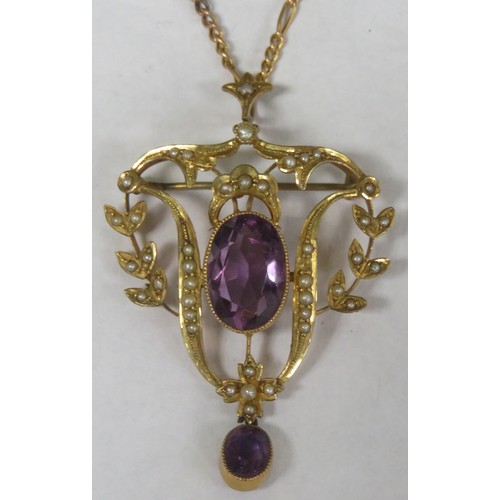 276 - 9ct gold drop pendant/brooch on chain, set with two amerthyst coloured stones and small pearl type s... 