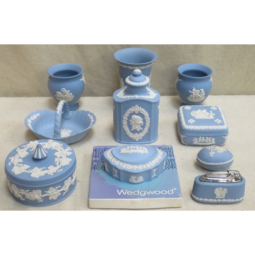 26 - Parcel of Wedgwood blue Jasperware, various pieces and designs Inc. tea urn with cover, storage pots... 