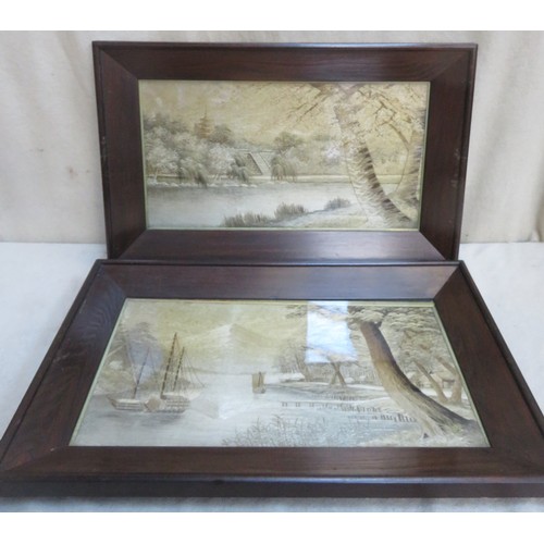 55 - Pair of 20th century oak framed machine embroided silk pictures, depicting oriental river side scene... 