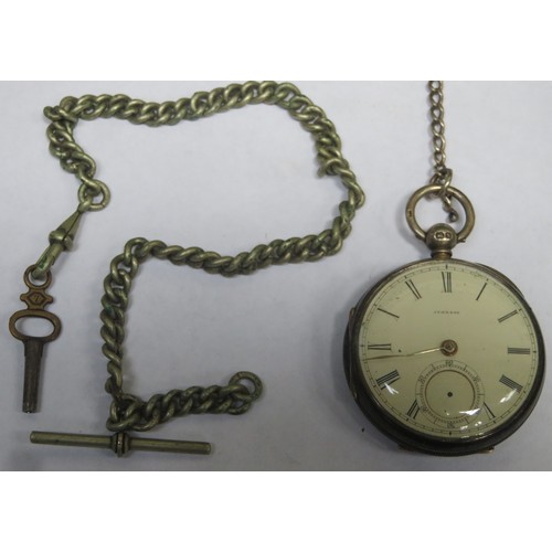 273 - Hallmarked Silver pocket watch with enamelled dial, stamped Johnson, on silver coloured link chain, ... 