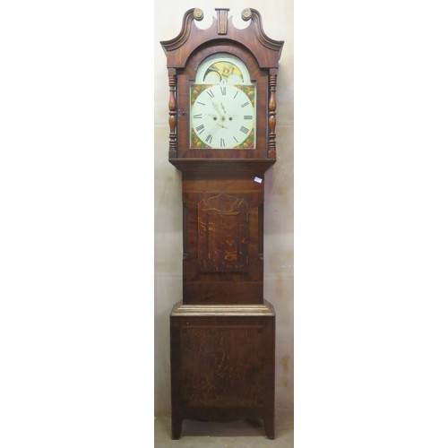 11 - 19th century Oak and Mahogany cased longcase clock, with handpainted and enamelled rolling moon dial... 