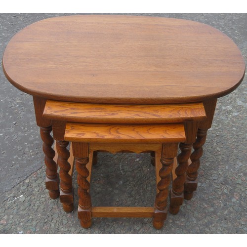 36 - 20th century barley twist oak nest of three tables. Approx. 46cms H x 70cms W x 45cms D