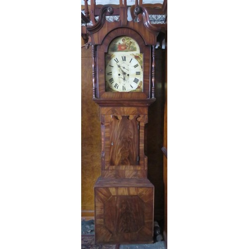 14 - Late 19th century mahogany longcase clock, with handpainted enamelled dial, for restoration.. Approx... 