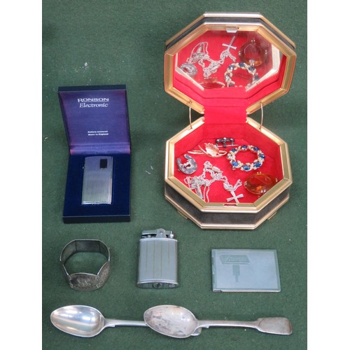 63 - Sundry lot including two silver spoons, brooches, crosses on chains, napkin ring, lighters, stamp ca... 
