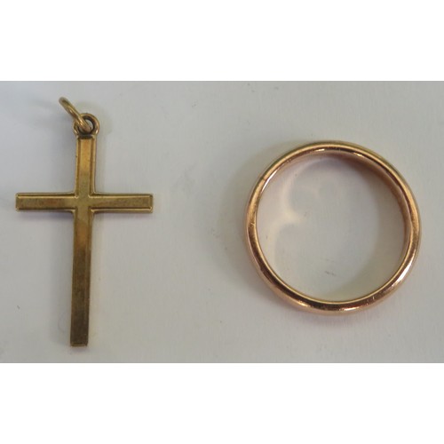68 - 9ct gold wedding band, plus 9ct cross pendant