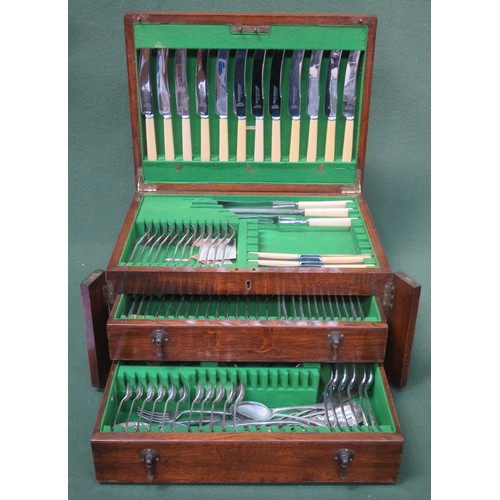 81 - Oak canteen case containing various silver plated cutlery, mostly by James Ryles and Co.