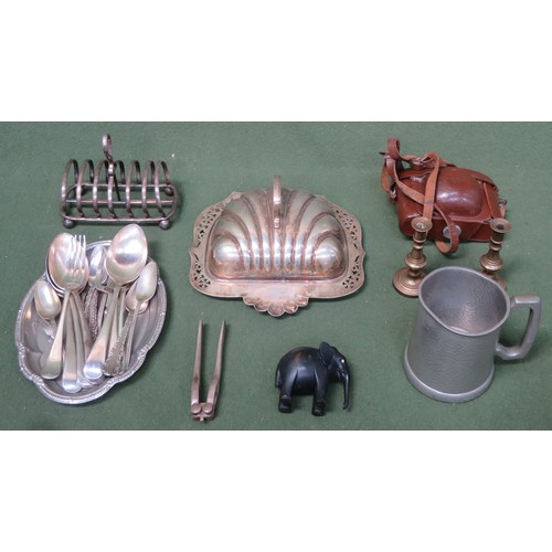 86 - Sundry lot including various silver plated ware, flatware, pewter, carved Elephant, plus cased camer... 