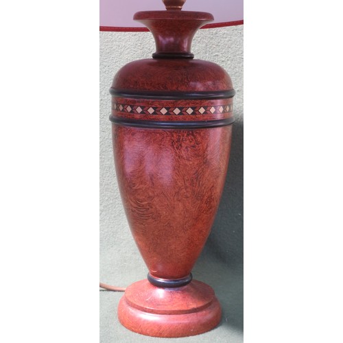 89 - Pretty 20th century brass inlaid treen table lamp, with shade. Lamp base Approx. 32cms High