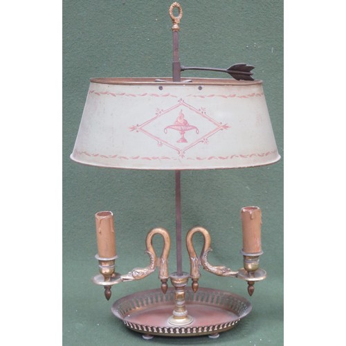 96 - Early 20th century brass two sconce table lamp with adjustable height for shade. Approx. 47cms High
