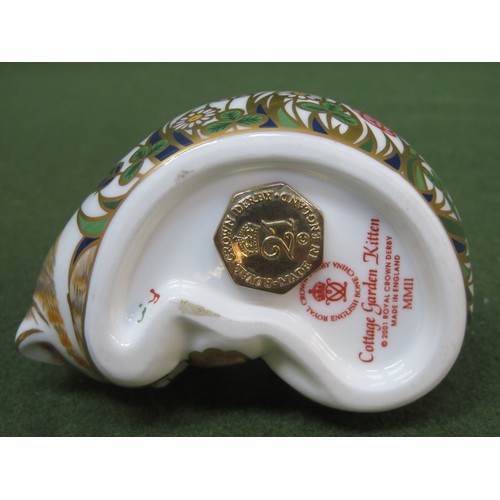 107 - Royal Crown Derby gilded ceramic 'Cottage Garden Kitten' paperweight