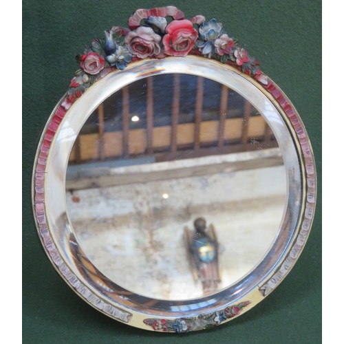 111 - Early 20th century gilded and relief floral decorated circular bevelled free standing Barbola mirror... 
