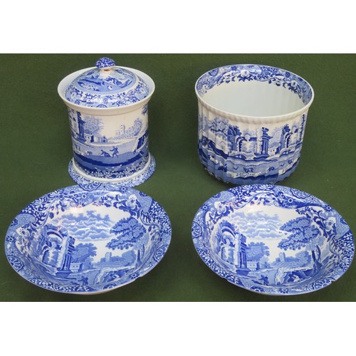 112 - Four pieces of Spode blue and white china Inc. biscuit barrel, jardinière and two bowls