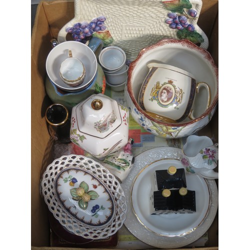 116 - Parcel of various sundry ceramics including Ridgeways Jardinere, KLM houses, commemorative jug, staf... 