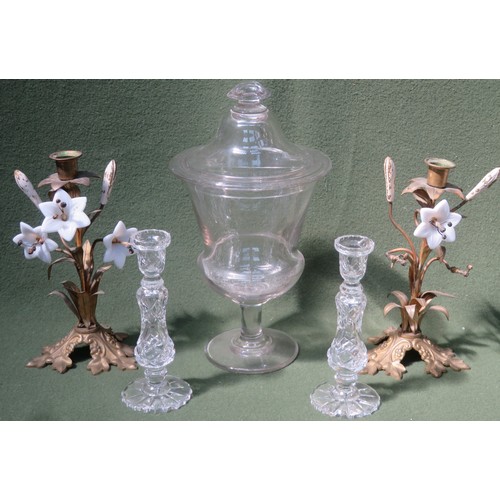 122 - Pair of gilt and floral candlesticks, plus glass stemmed sweet jar with cover etc