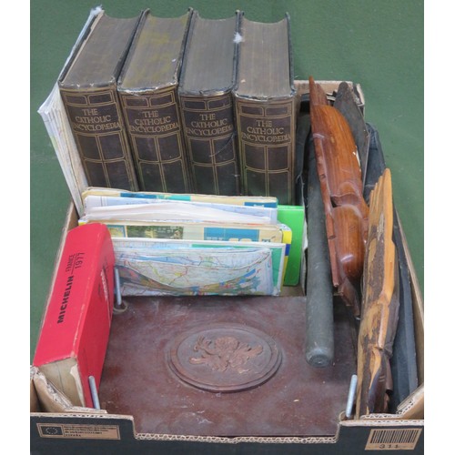 67 - Mixed lot including vintage wooden book press, African style masks, various maps, encyclopedias etc