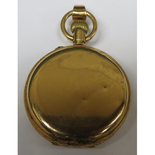 156 - Pretty 18ct gold ladies fob watch with gilded and enamelled circular dial