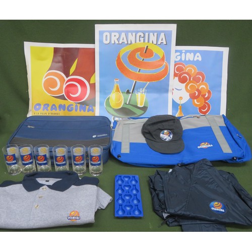 206 - Parcel of Orangina branded items including posters, bags, hat, glasses, ice tray, waterproof jacket,... 