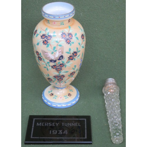 50B - Pretty overpainted victorian glass vase, glass phail, plus Mersey Tunnel 1934 plaque