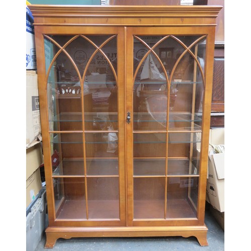 305 - 20th century Yew wood two door glazed display cabinet by Bradley. Approx. 140cm H x 100cm W x 33.5cm... 