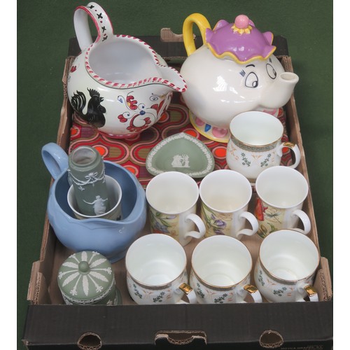 309 - Sundry lot including glazed ceramic Mrs Potts Disney teapot, Wedgwood, continental jug etc