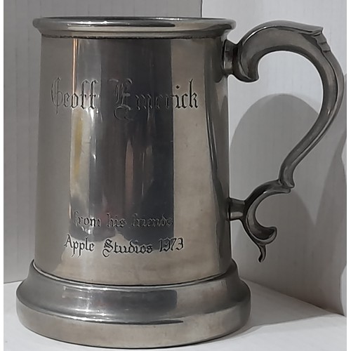 212 - Pewter tankard engraved “Geoff Emerick from his friends Apple Studios 1973”