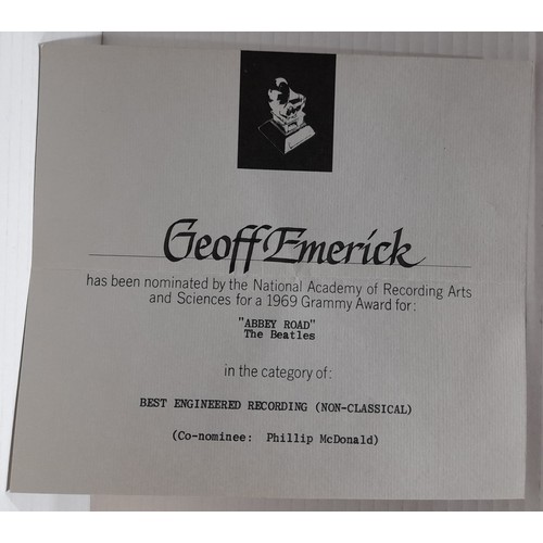 221 - An envelope addressed to Geoff Emerick c/o Derek Taylor Apple Corps Ltd 3 Savile Row, from Grammy Aw... 