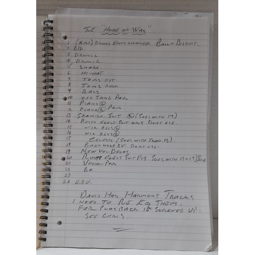 239 - Paul McCartney folder containing many hand written sheets of paper with regards to the recording ses... 