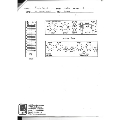 246 - Ringo Starr Notes for Mastering Vertical Man LP front of booklet read Artist Ringo Starr Date 1//31/... 