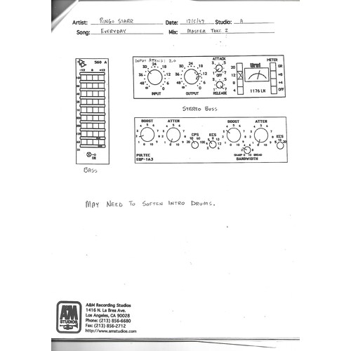 246 - Ringo Starr Notes for Mastering Vertical Man LP front of booklet read Artist Ringo Starr Date 1//31/... 