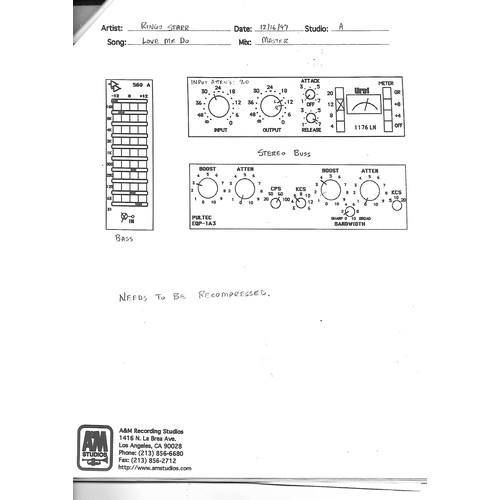 246 - Ringo Starr Notes for Mastering Vertical Man LP front of booklet read Artist Ringo Starr Date 1//31/... 