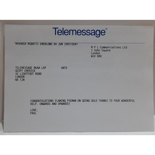 282 - Tele message to Geoff Emerick from Paul McCartney dated 4th June 1997 message reads “Congratulations... 