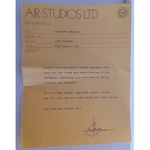 342 - Contract between Air Recording Studios and Geoffrey Emerick dated 1st May 1976 with a letter dated 2... 