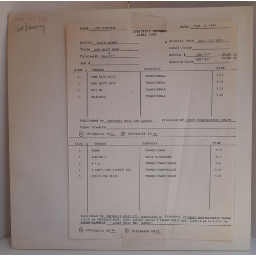 362 - Nine Robin Trower promotional white label test pressing including 6 versions of Long Misty Days, two... 