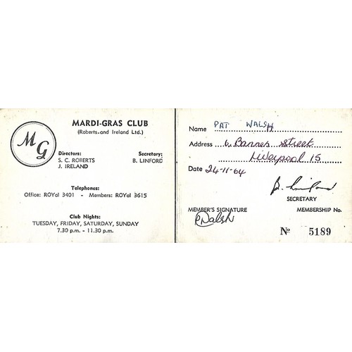 107A - Three Liverpool Club membership cards Downbeat Club, The Nashville Tennessee Club and Mardi-Gras Clu... 