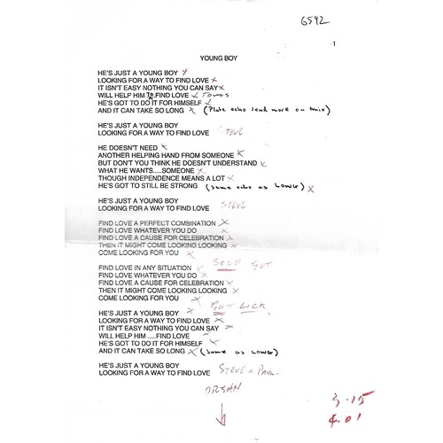 302 - Lyric sheets for Flaming Pie, Young Boy and Your Loving Flame with notations