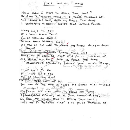 302 - Lyric sheets for Flaming Pie, Young Boy and Your Loving Flame with notations