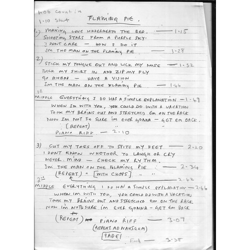 306 - Various papers regarding Paul McCartney recordings including lyric sheets