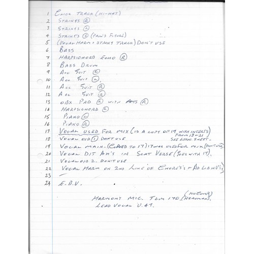 306 - Various papers regarding Paul McCartney recordings including lyric sheets