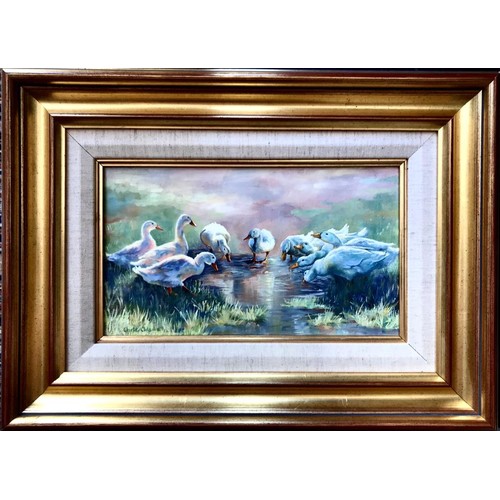 110 - CHRIS ADAMS- 'A REFRESHING DRINK', OIL ON BOARD, FRAMED, APPROXIMATELY 16 x 28cm