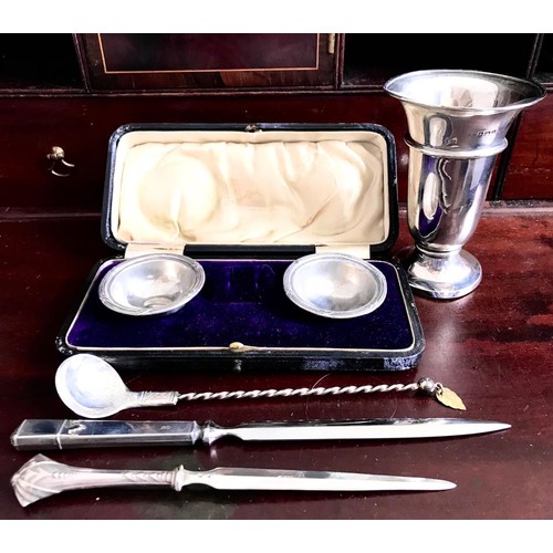 126 - SILVER VASE, TWO OPEN CRUETS, TWO SILVER PAPER KNIVES AND SILVER COCKTAIL STIRRER, SOME CONTINENTAL ... 