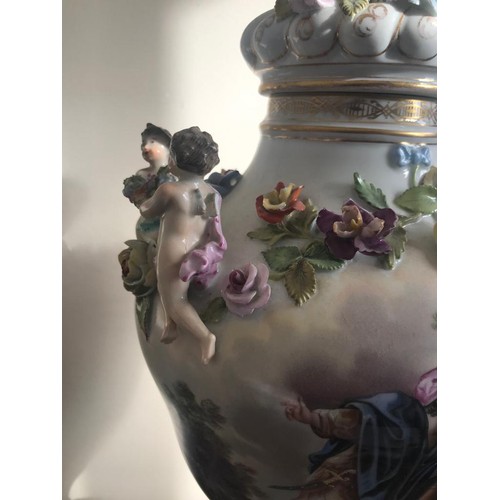 185 - IMPRESSIVE CONTINENTAL CERAMIC URN-FORM VASE AND COVER UPON A SEPARATE RAISED STAND, APPROXIMATELY 5... 
